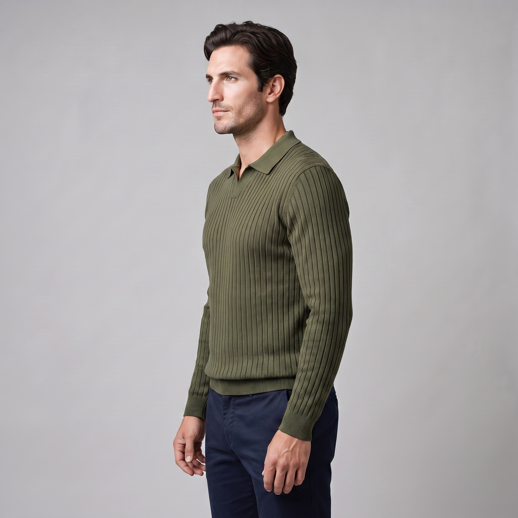 Herren Polo-Pullover mit offenem Kragen und Rippstruktur