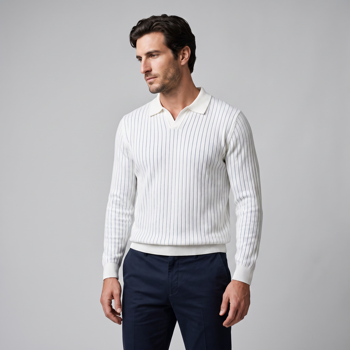 Herren Polo-Pullover mit offenem Kragen und Rippstruktur