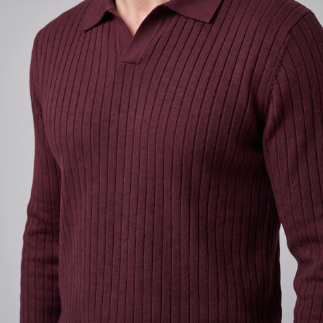Herren Polo-Pullover mit offenem Kragen und Rippstruktur
