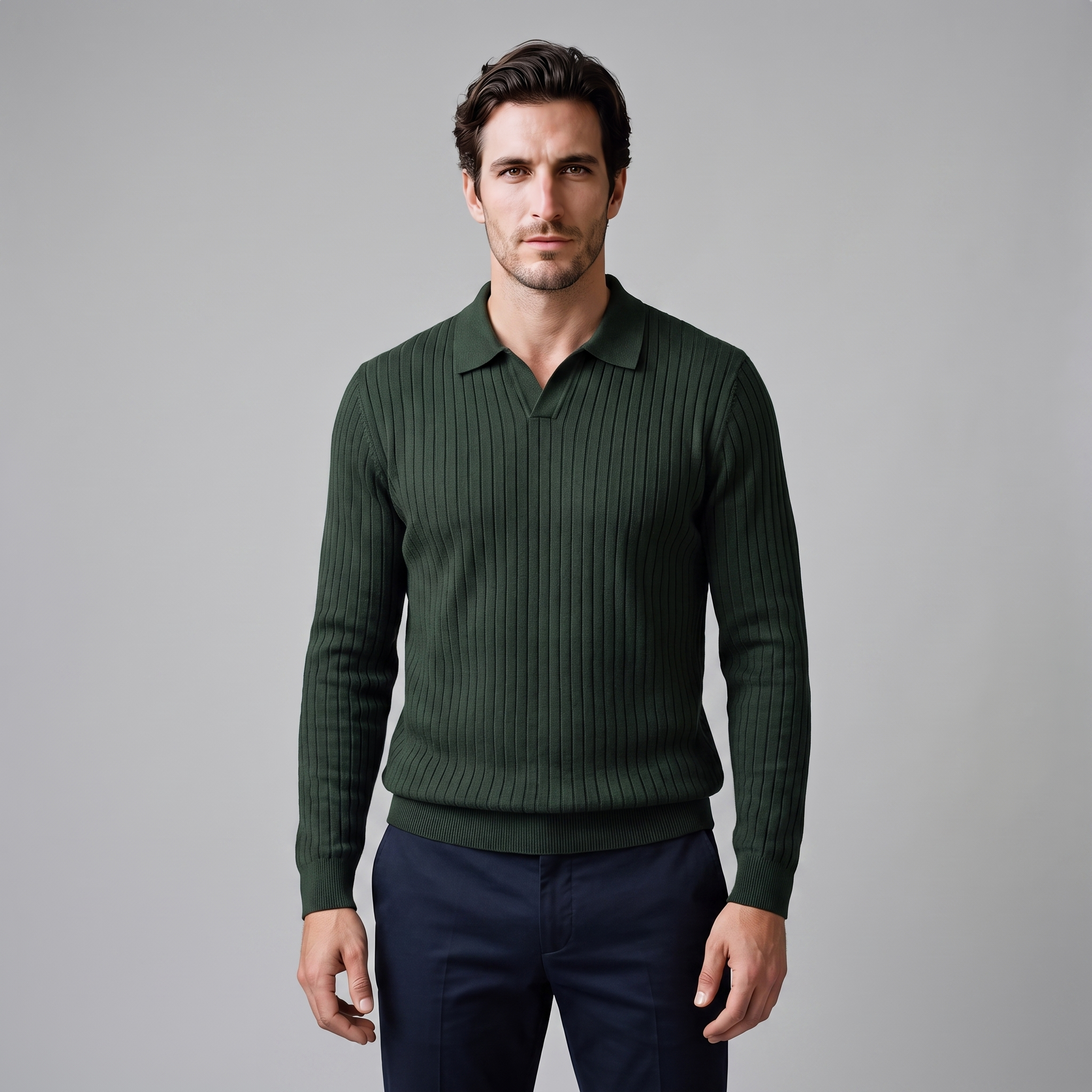 Herren Polo-Pullover mit offenem Kragen und Rippstruktur