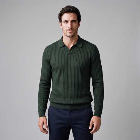 Herren Polo-Pullover mit offenem Kragen und Rippstruktur