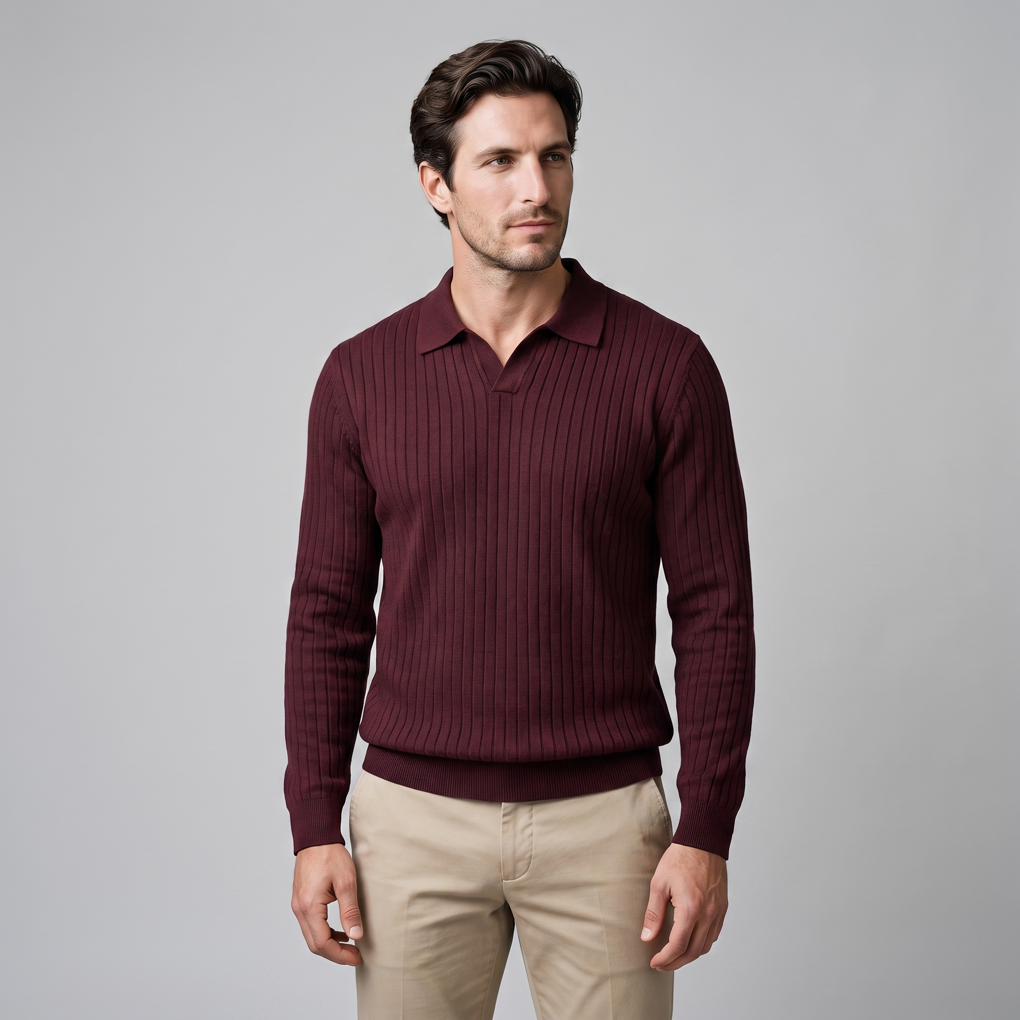 Herren Polo-Pullover mit offenem Kragen und Rippstruktur