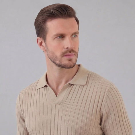 Herren Rippstrick Kurzarm Polo Mit V Ausschnitt