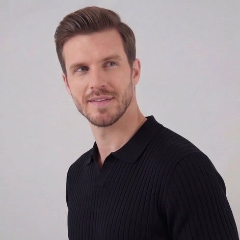 Herren Rippstrick Kurzarm Polo Mit V Ausschnitt