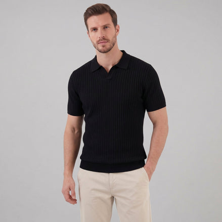 Herren Rippstrick Kurzarm Polo Mit V Ausschnitt