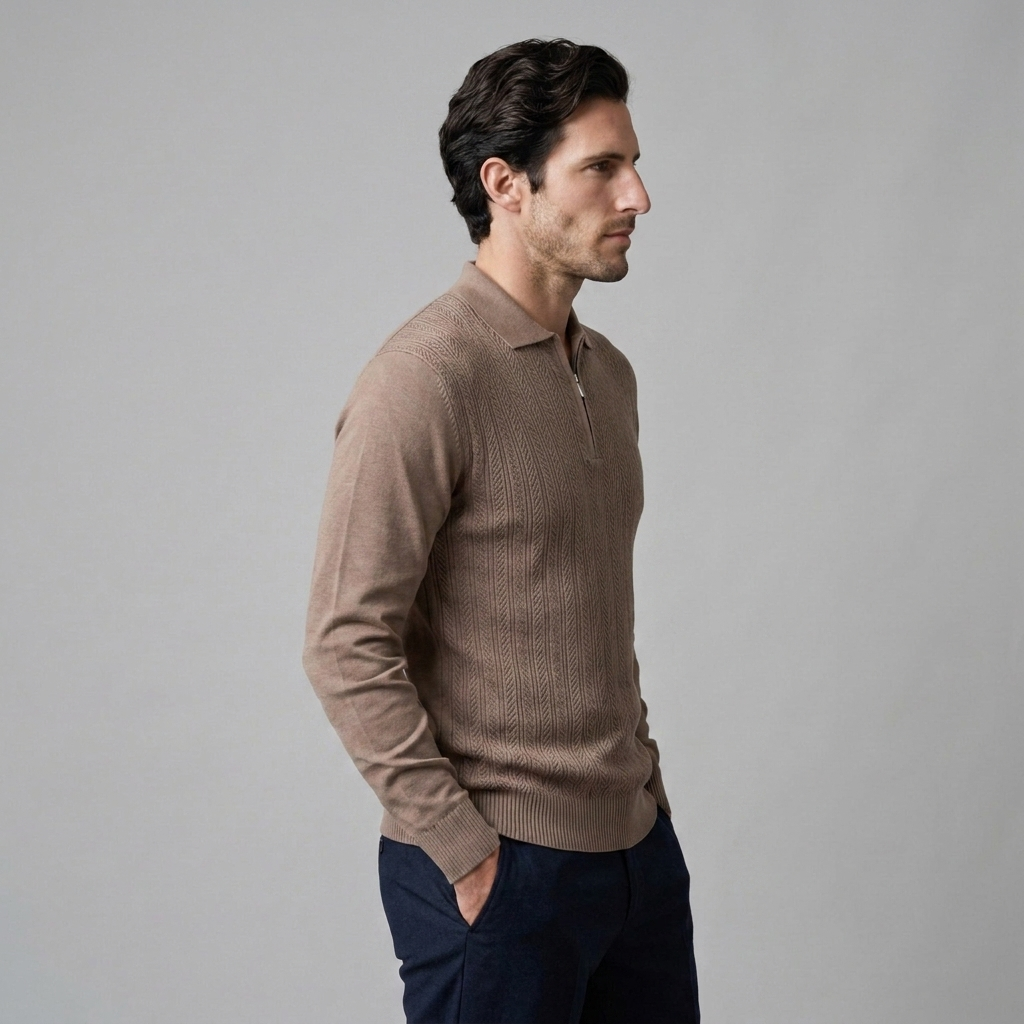 Herren Rippstrick-Polo mit kurzem Reissverschluss