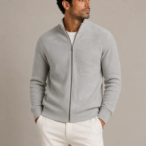 Herren Rippstrickjacke mit Reißverschluss und Stehkragen