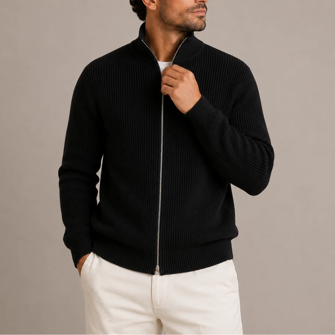 Herren Rippstrickjacke mit Reißverschluss und Stehkragen