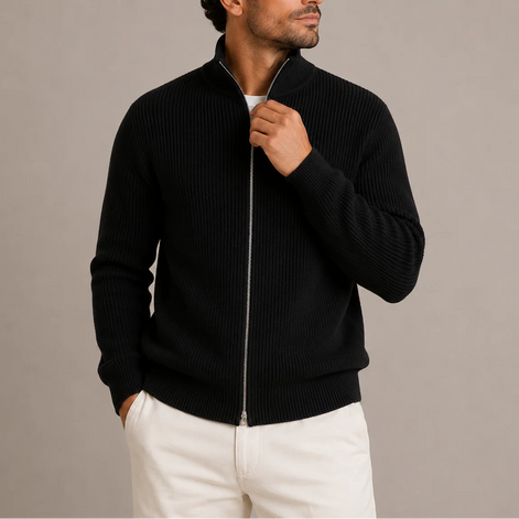 Herren Rippstrickjacke mit Reißverschluss und Stehkragen