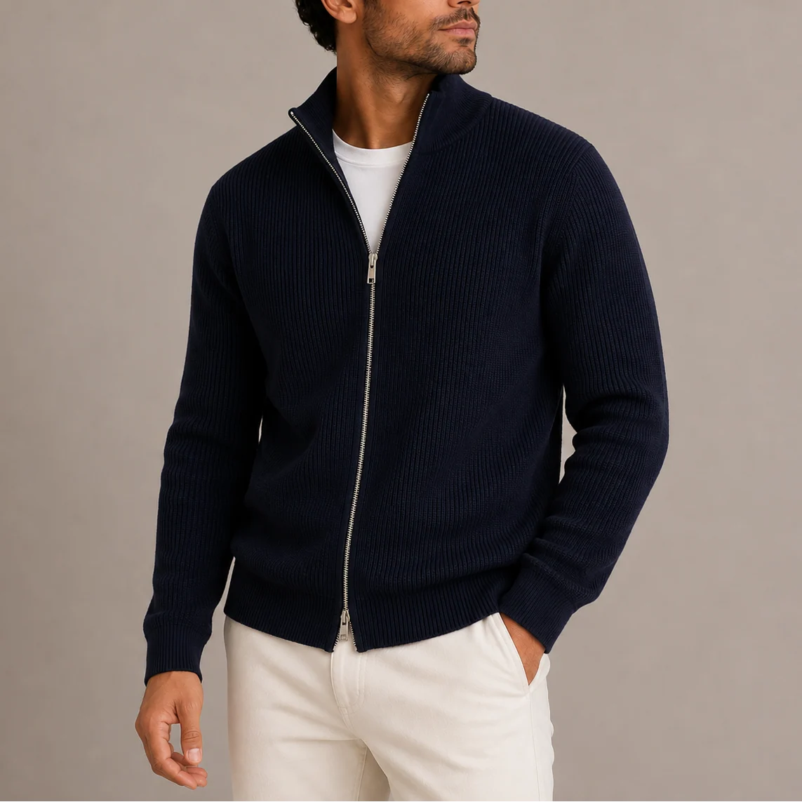 Herren Rippstrickjacke mit Reißverschluss und Stehkragen