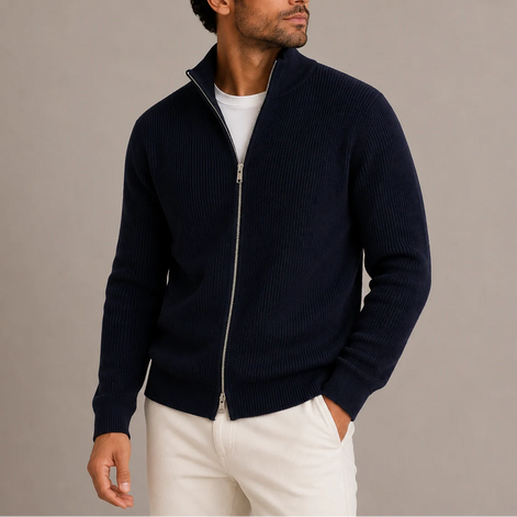 Herren Rippstrickjacke mit Reißverschluss und Stehkragen