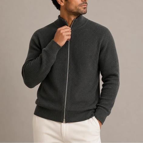 Herren Rippstrickjacke mit Reißverschluss und Stehkragen
