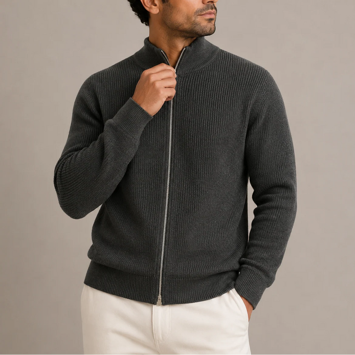 Herren Rippstrickjacke mit Reißverschluss und Stehkragen