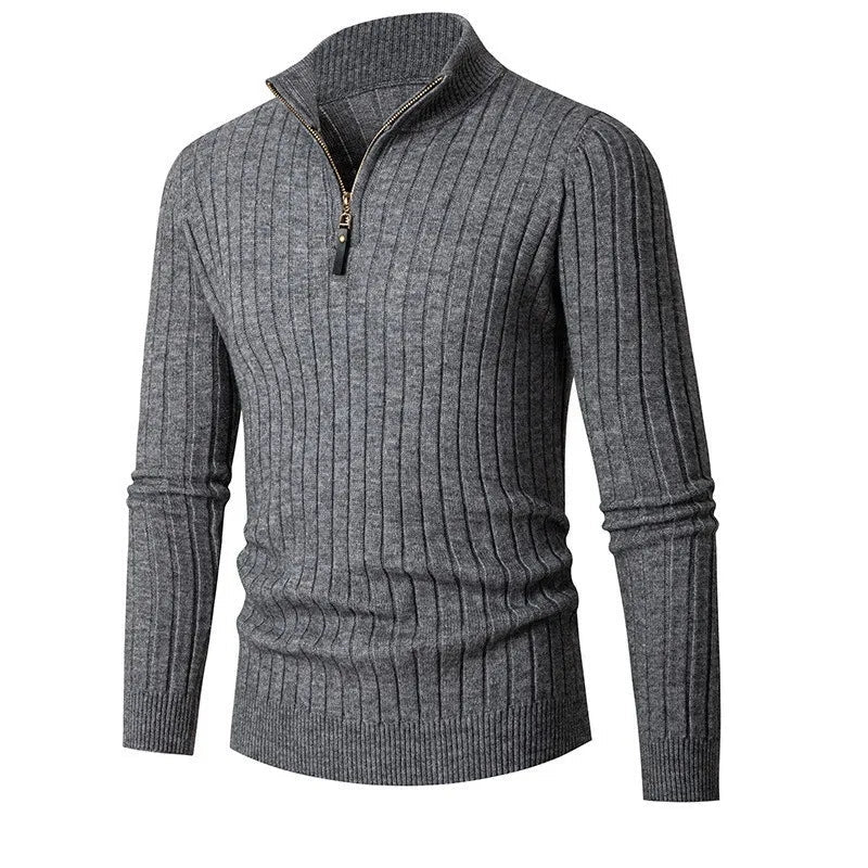 Herren Rippstrickpullover mit Stehkragen und Reißverschluss