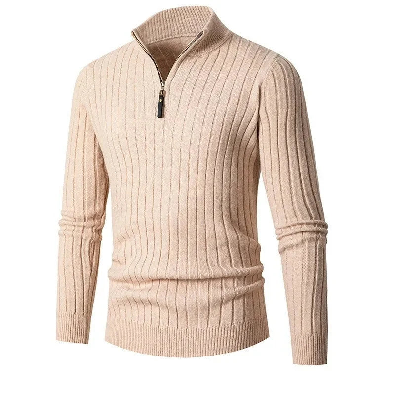 Herren Rippstrickpullover mit Stehkragen und Reißverschluss