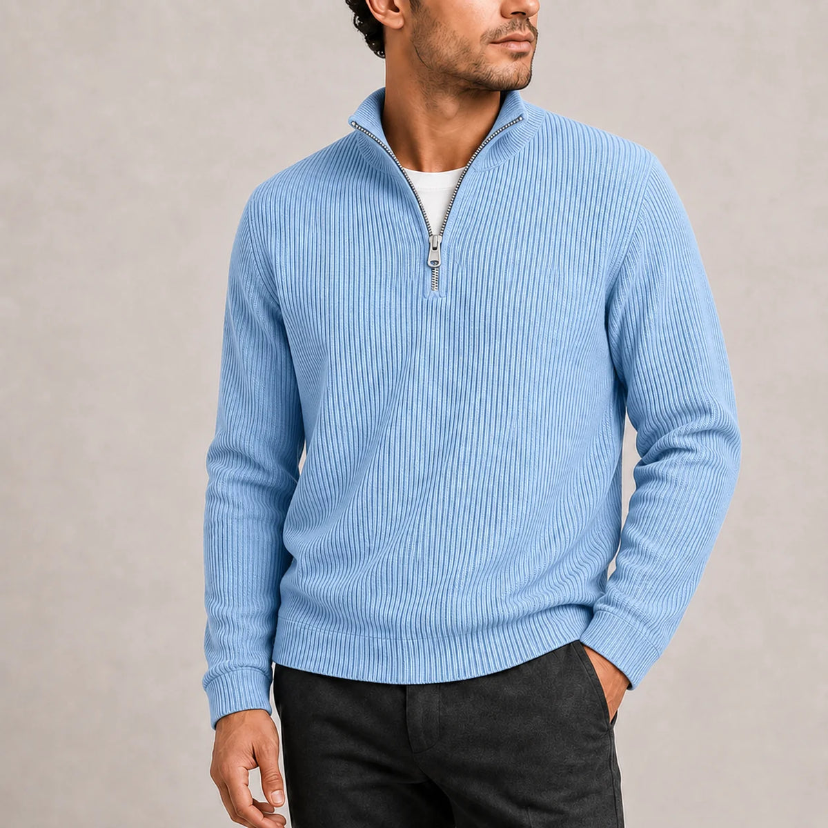 Herren Rippstrickpullover mit Viertelreißverschluss