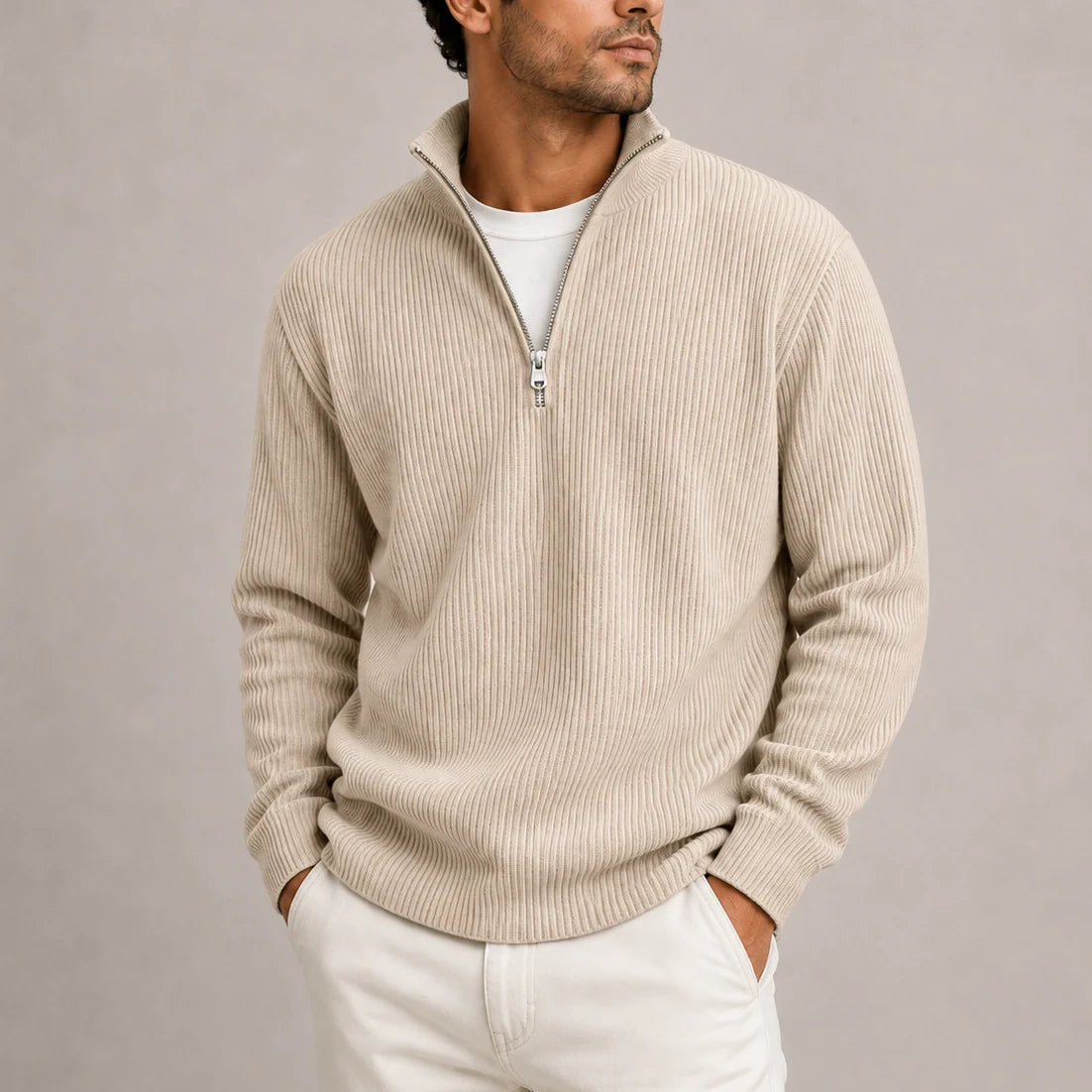 Herren Rippstrickpullover mit Viertelreißverschluss