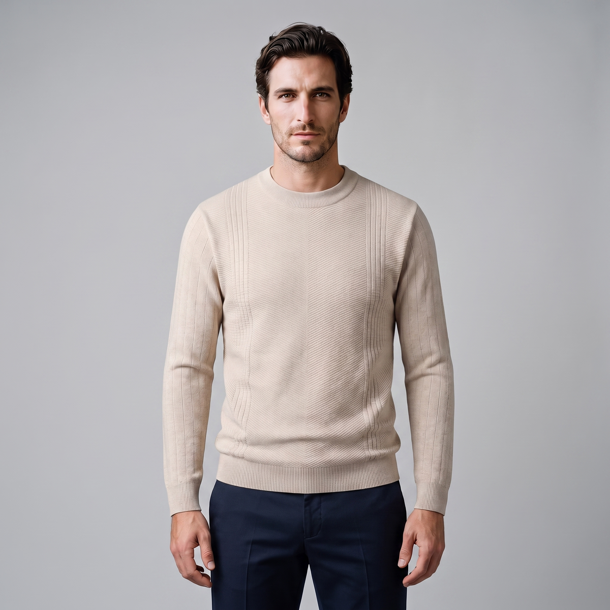 Herren Rundhalspullover mit Chevron-Rippstruktur