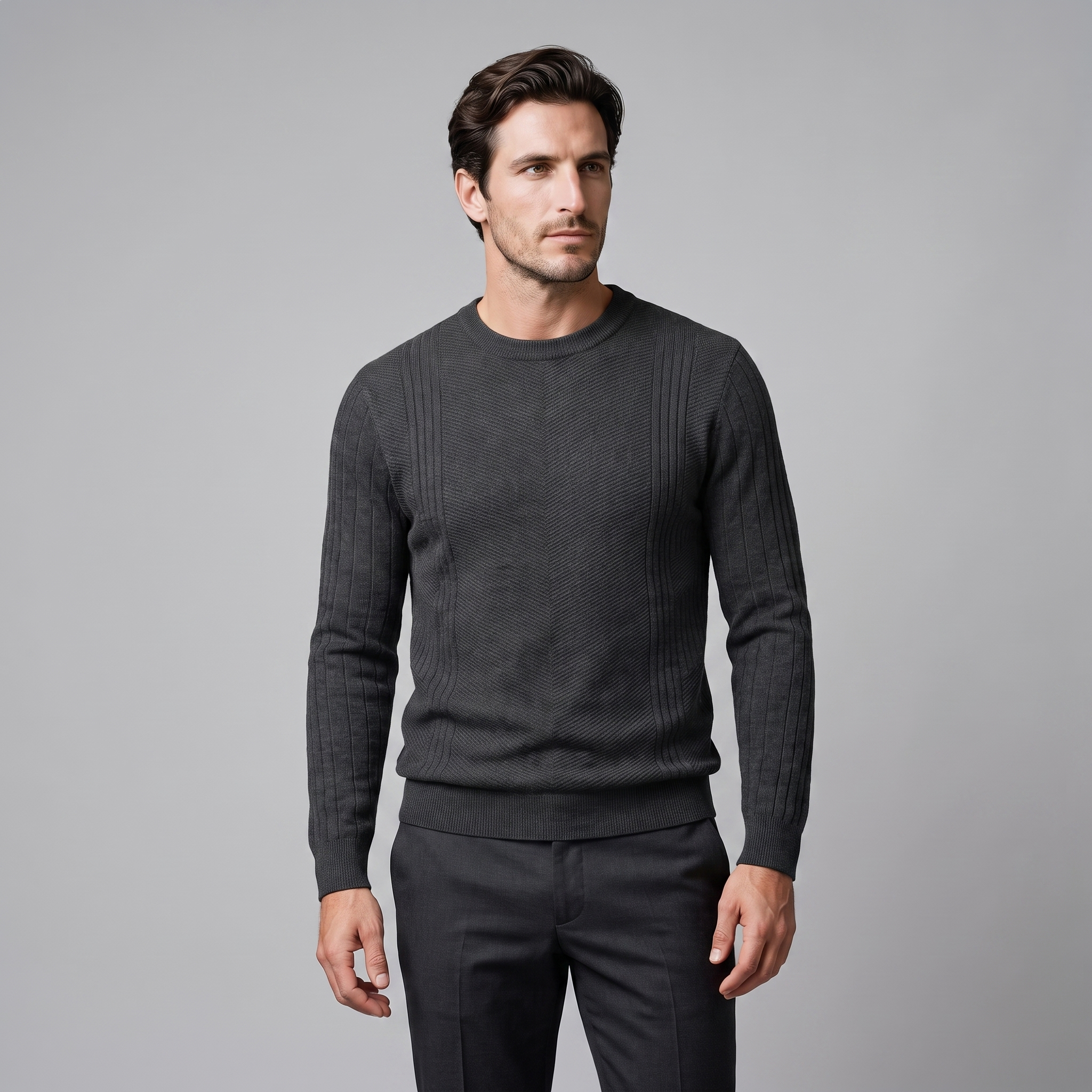 Herren Rundhalspullover mit Chevron-Rippstruktur