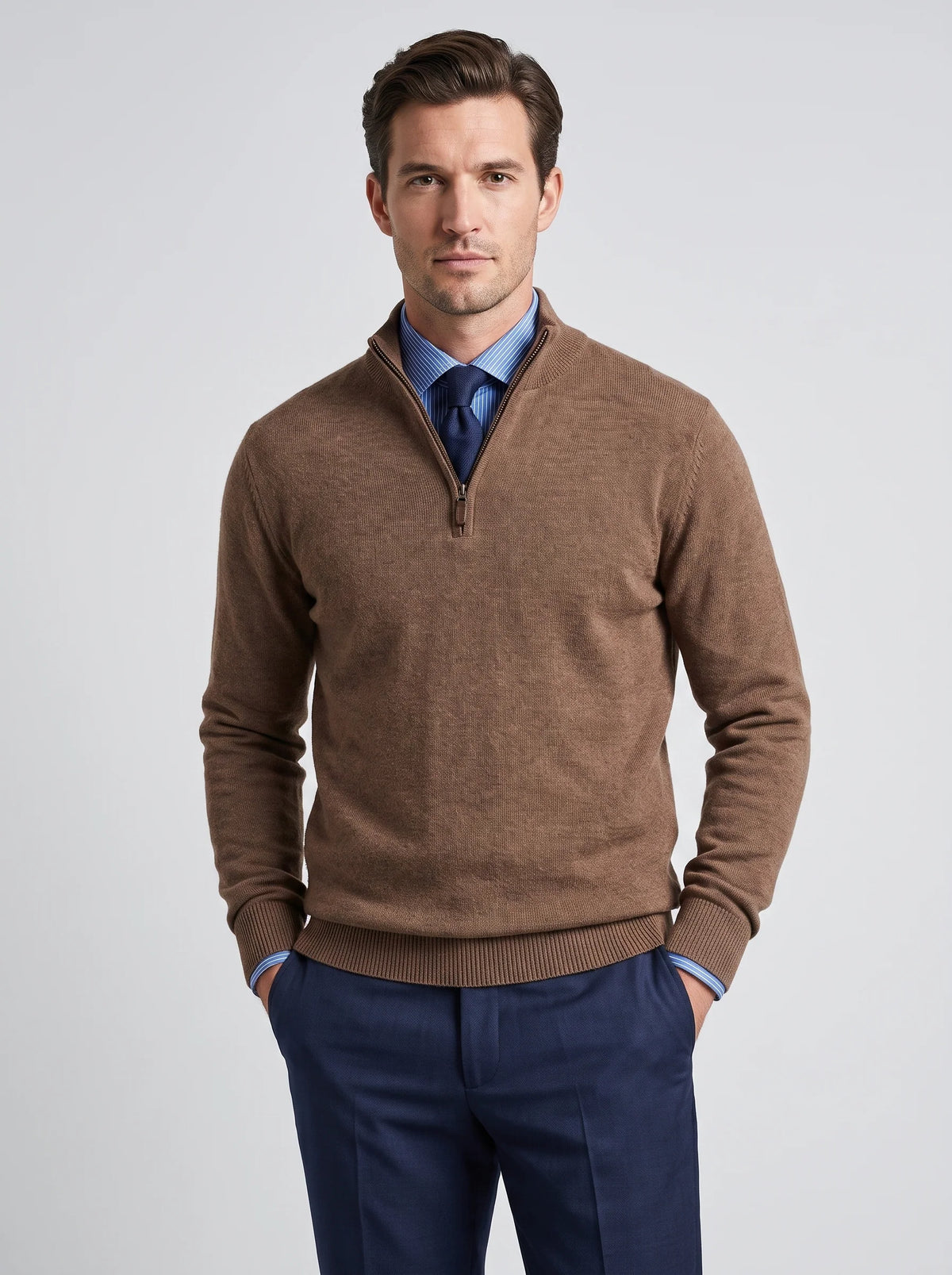 Herren Slim-Fit Pullover mit Stehkragen und Reißverschluss