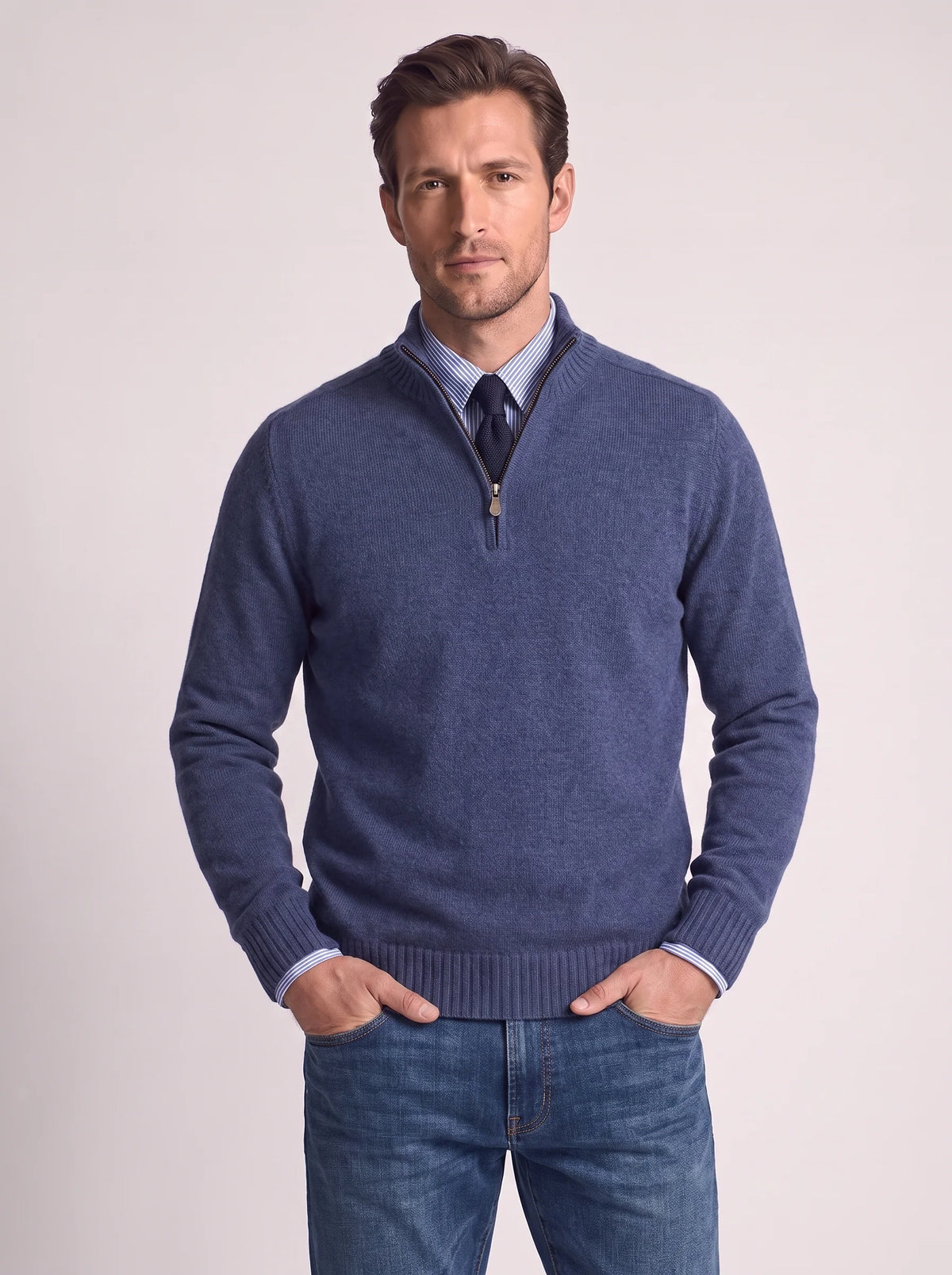 Herren Slim-Fit Pullover mit Stehkragen und Reißverschluss