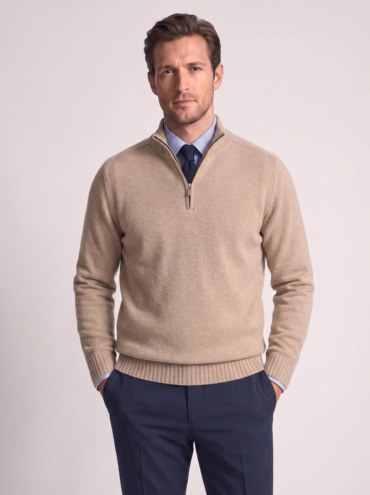 Herren Slim-Fit Pullover mit Stehkragen und Reißverschluss