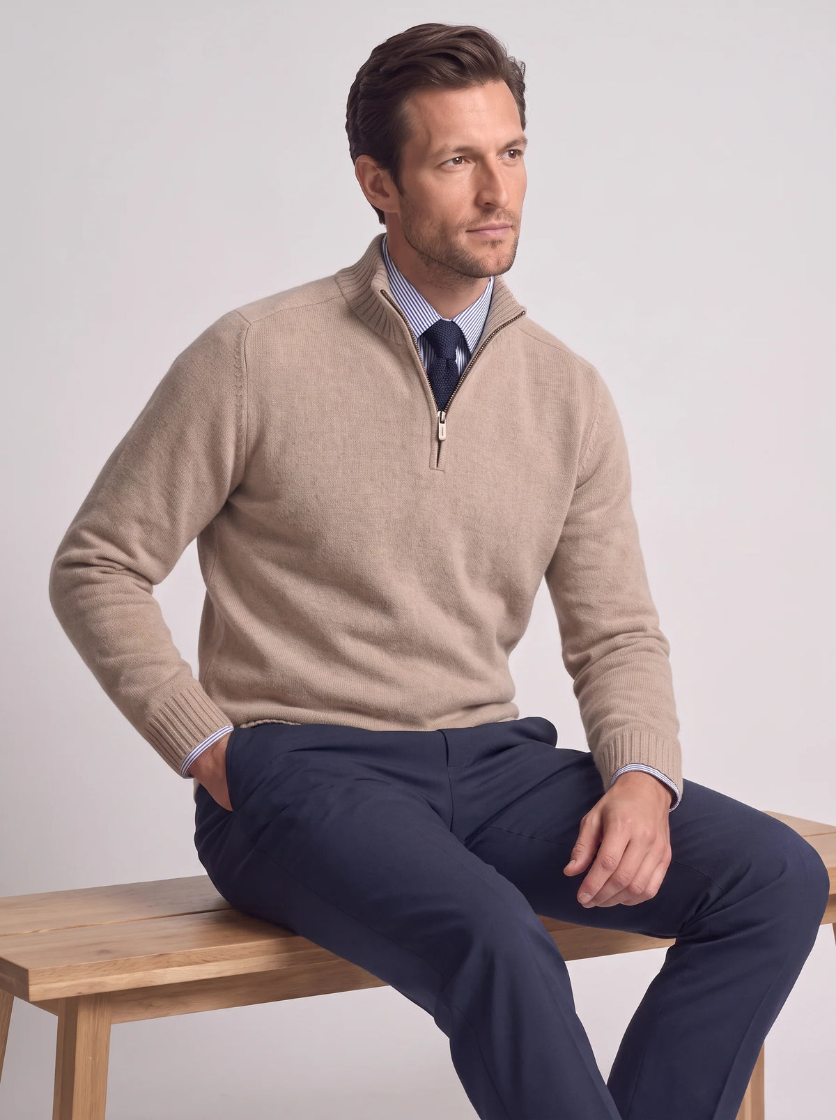 Herren Slim-Fit Pullover mit Stehkragen und Reißverschluss
