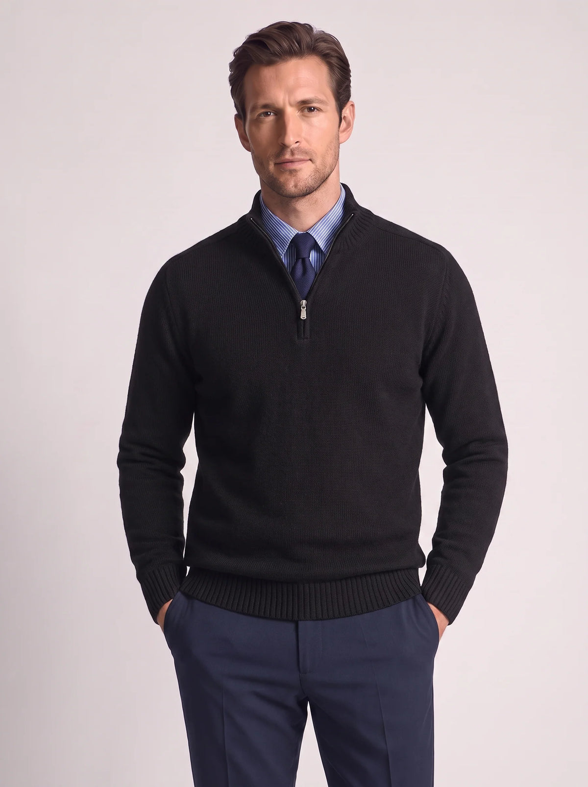 Herren Slim-Fit Pullover mit Stehkragen und Reißverschluss
