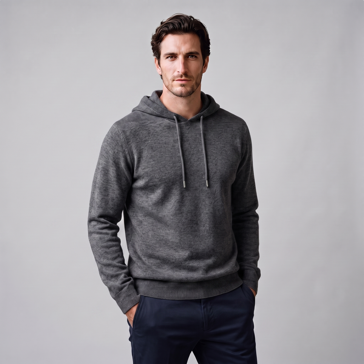 Herren Strick-Hoodie aus Wolle mit Kordelzug