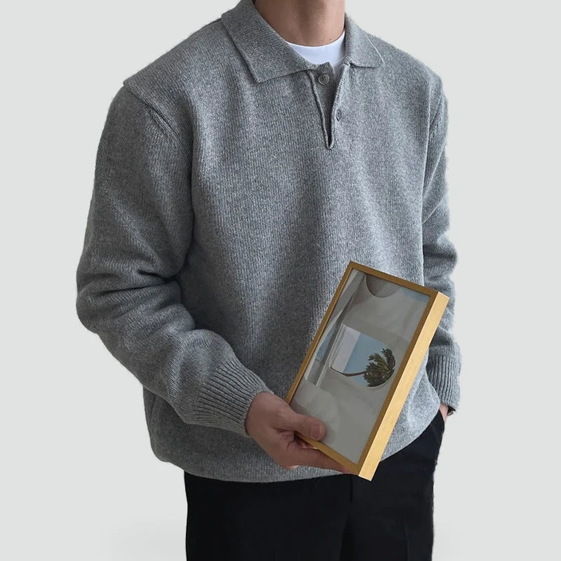 Herren Strick-Polopullover mit Knopfleiste und gerippten Bündchen