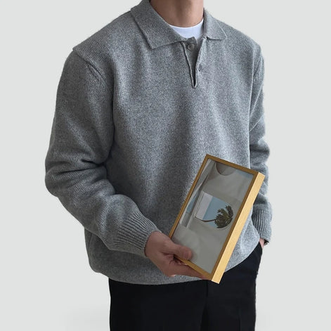 Herren Strick-Polopullover mit Knopfleiste und gerippten Bündchen
