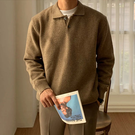 Herren Strick-Polopullover mit Knopfleiste und gerippten Bündchen