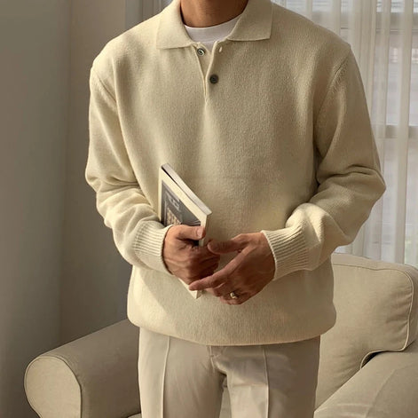 Herren Strick-Polopullover mit Knopfleiste und gerippten Bündchen