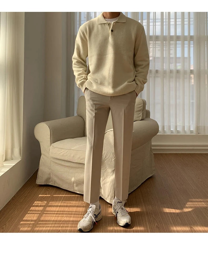 Herren Strick-Polopullover mit Knopfleiste und gerippten Bündchen