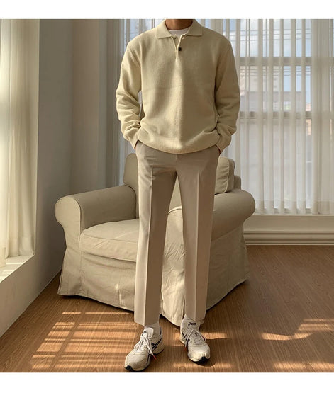 Herren Strick-Polopullover mit Knopfleiste und gerippten Bündchen