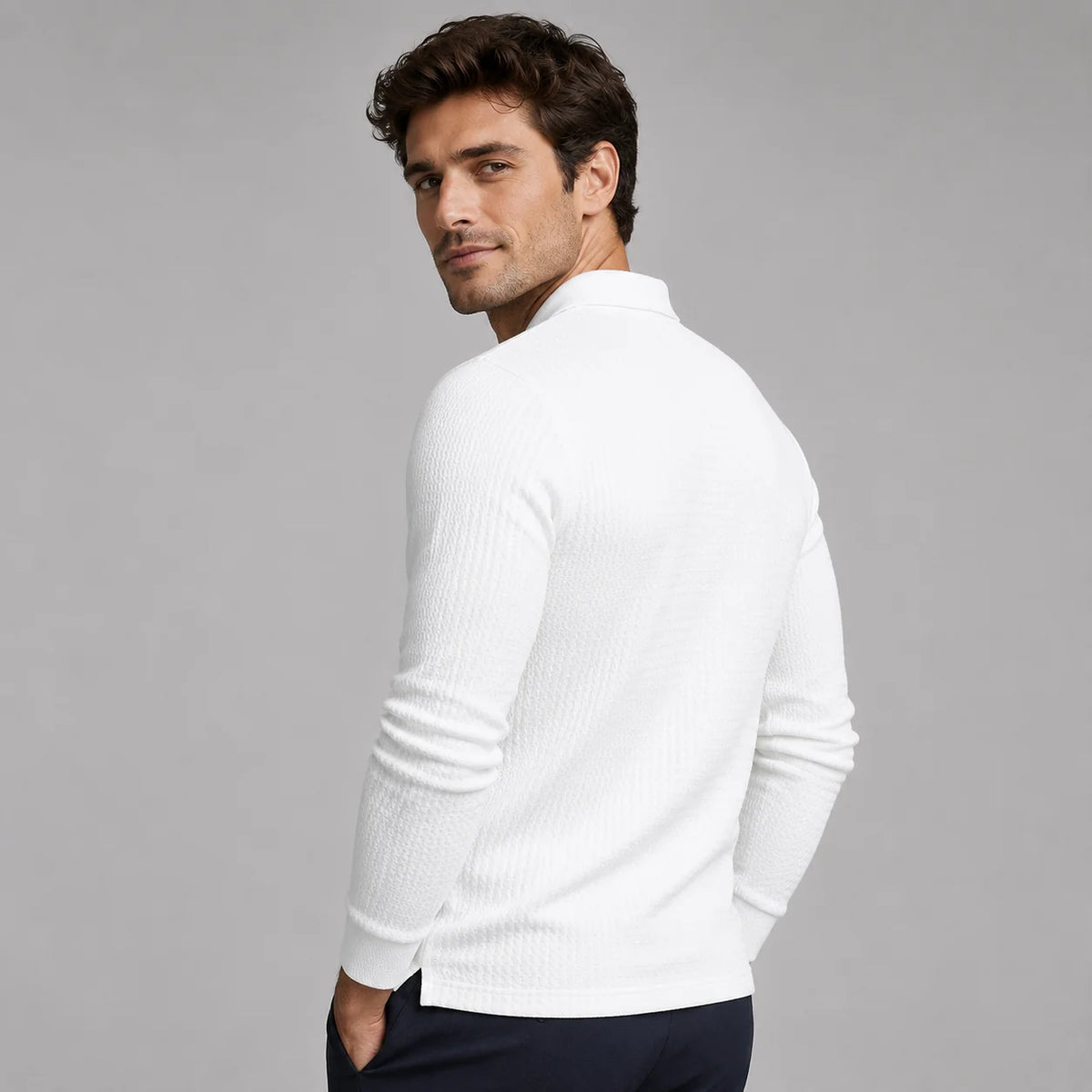 Herren Strick Poloshirt mit Rippstruktur und Langarm