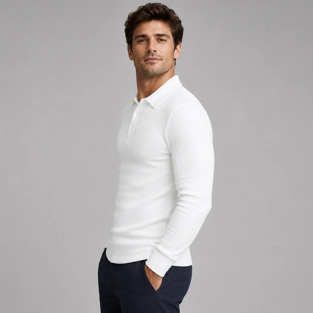 Herren Strick Poloshirt mit Rippstruktur und Langarm