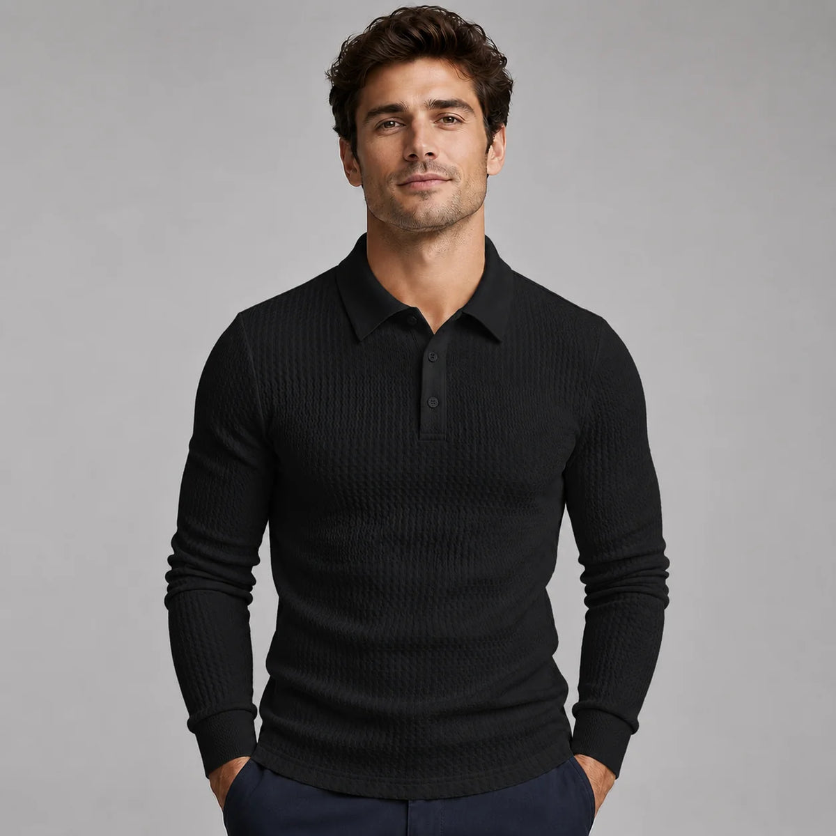 Herren Strick Poloshirt mit Rippstruktur und Langarm