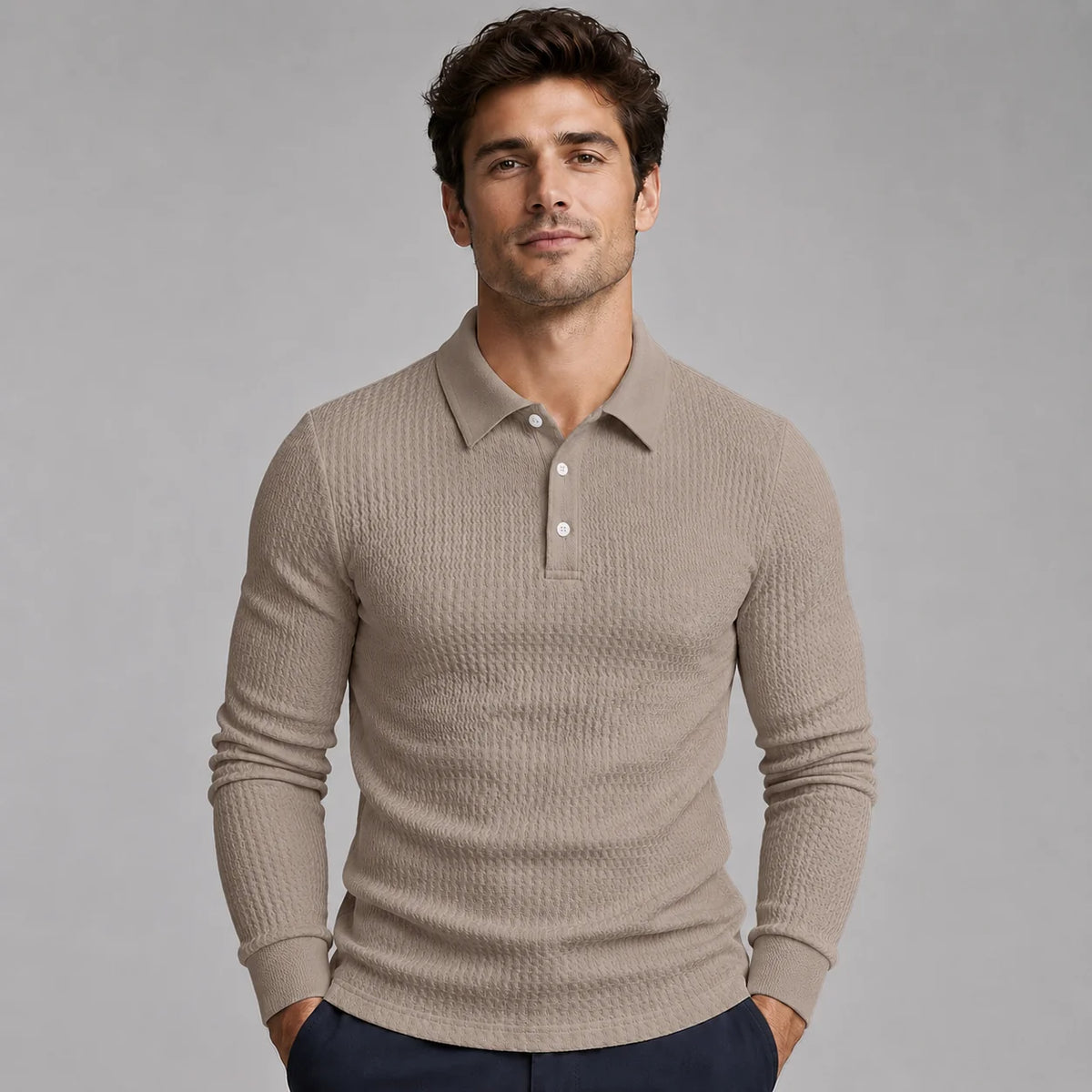 Herren Strick Poloshirt mit Rippstruktur und Langarm