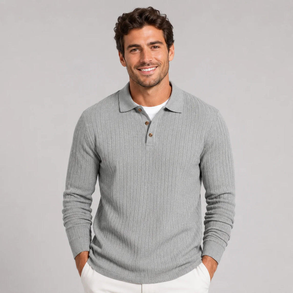 Herren Strick Poloshirt mit Rippstruktur und Langarm