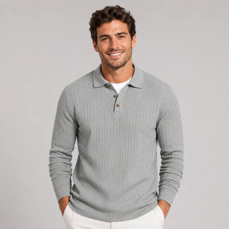Herren Strick Poloshirt mit Rippstruktur und Langarm