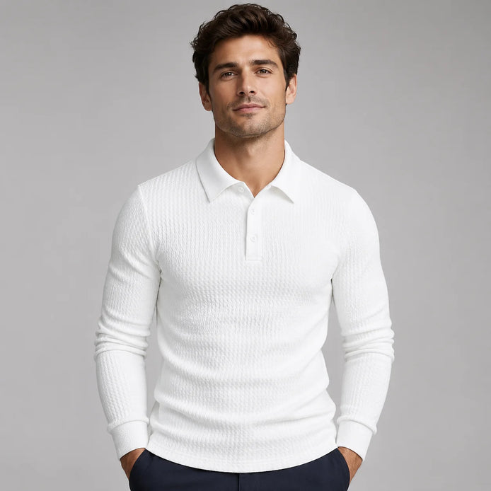 Herren Strick Poloshirt mit Rippstruktur und Langarm