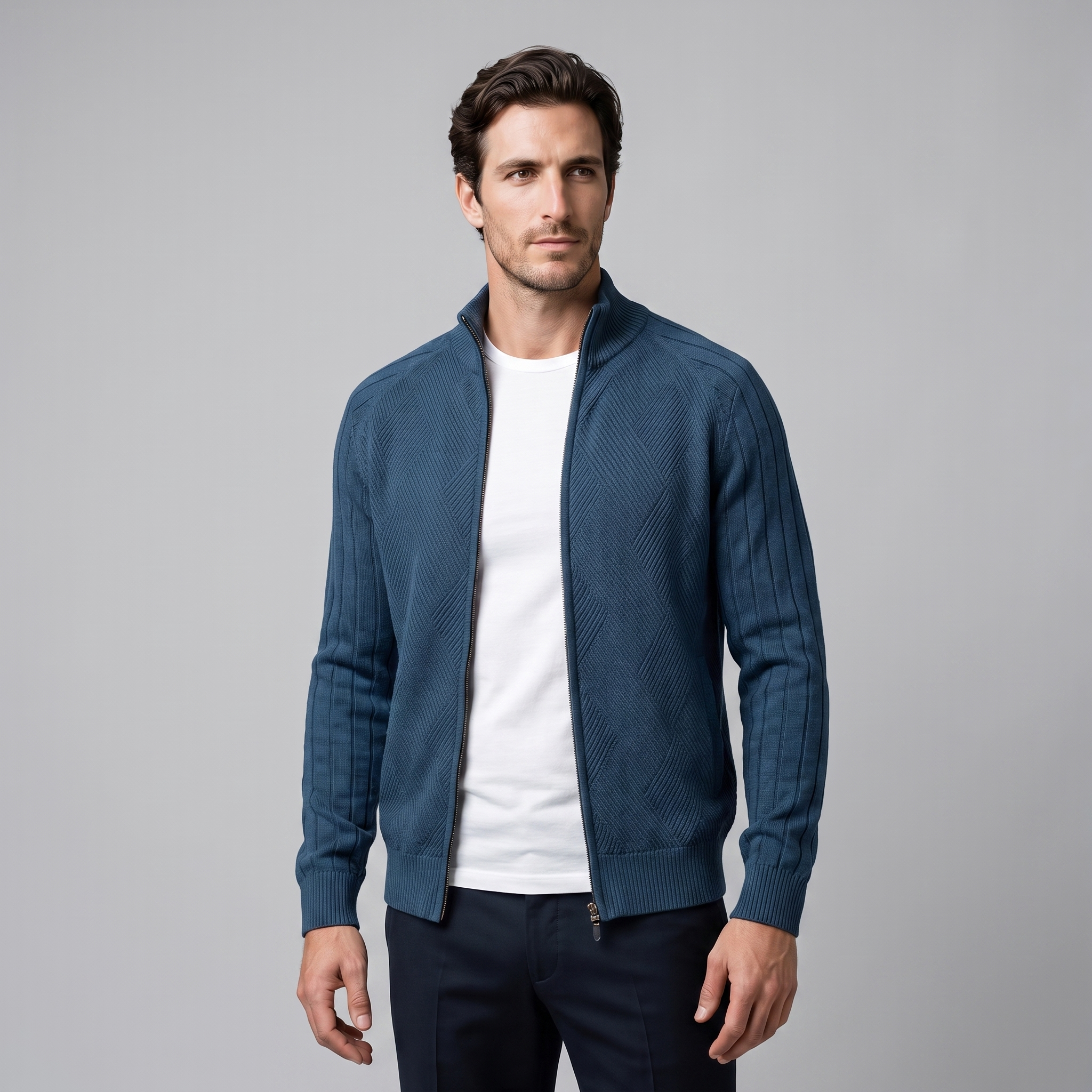 Herren Strickjacke mit Rautenmuster und durchgehendem Reissverschluss