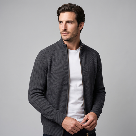 Herren Strickjacke mit Rautenmuster und durchgehendem Reissverschluss