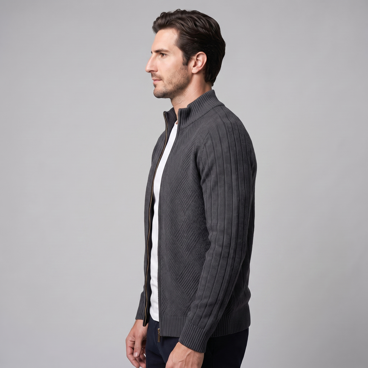 Herren Strickjacke mit Rautenmuster und durchgehendem Reissverschluss