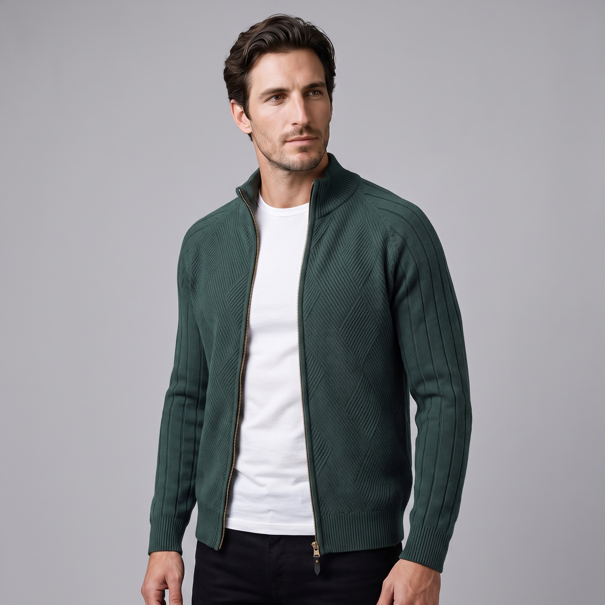 Herren Strickjacke mit Rautenmuster und durchgehendem Reissverschluss