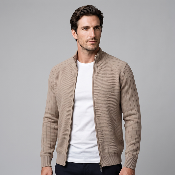 Herren Strickjacke mit Rautenmuster und durchgehendem Reissverschluss
