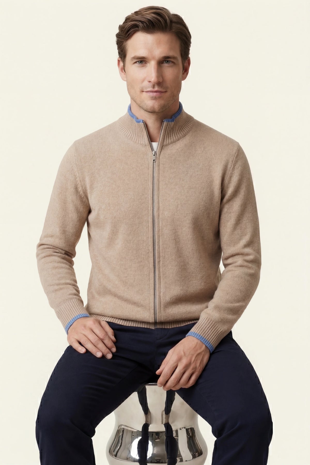 Herren Strickjacke mit Reißverschluss und Rippkragen