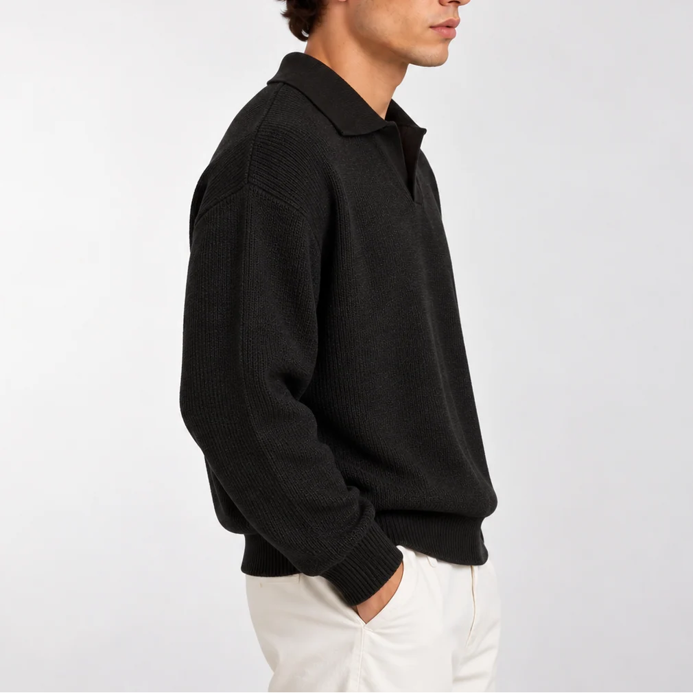 Herren Strickpolopullover mit Langarm und Offenem Kragen