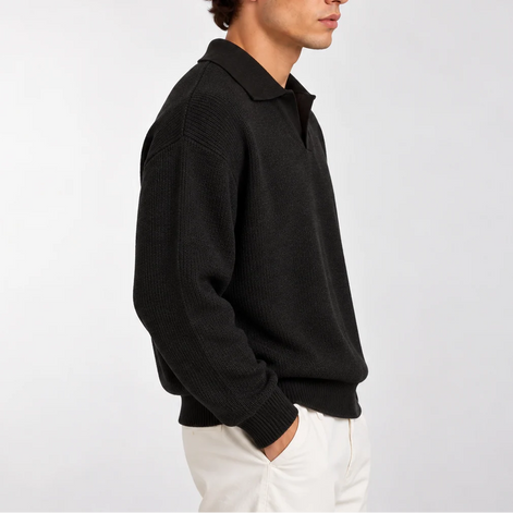 Herren Strickpolopullover mit Langarm und Offenem Kragen